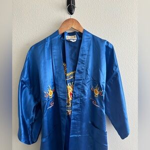 Blue Embroidered silk Kimono Robe
